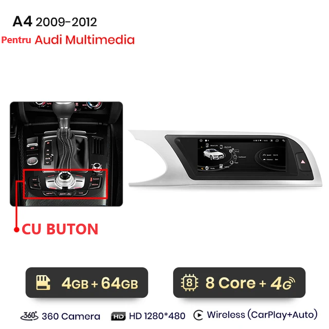 Navigatie Audi A4 B8 (2009-2012), Android 12, 4GB RAM, 4G SIM, Carplay si Android auto,Model 2023 PREMIUM High Version [3]