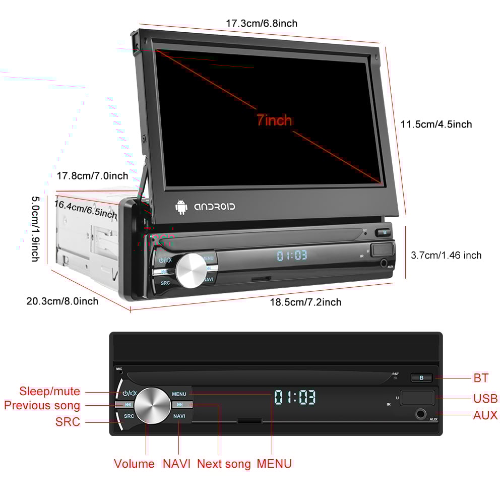 Navigație Auto 1 DIN Android 13, Ecran 7" HD 1080P, 2GB+32GB, GPS, WiFi, Bluetooth, FM Radio [10]