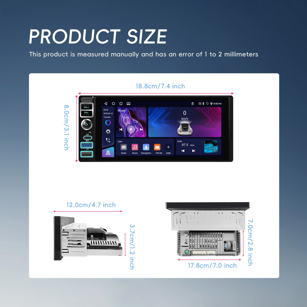 Navigatie Auto 1DIN cu Android, 4GB RAM + 64GB, Ecran 6.9 inch IPS, CarPlay și Android Auto Wireless, GPS, WiFi [3]