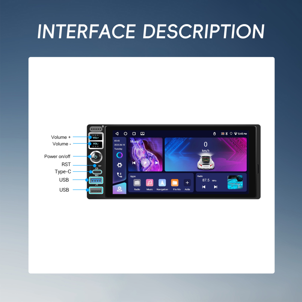 Navigatie Auto 1DIN cu Android, 4GB RAM + 64GB, Ecran 6.9 inch IPS, CarPlay și Android Auto Wireless, GPS, WiFi [6]