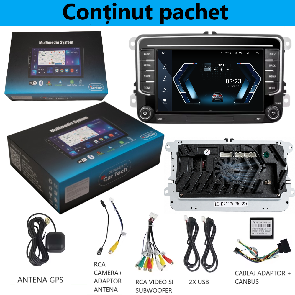 Navigatie Volkswagen|Skoda|Seat cu Android 14, CarPlay si Android Auto, dedicata Golf 5, Golf 6, Jetta, Passat B6, CC, B7, Polo, Tiguan, Touran, Skoda, Seat ecran 7 inch [2]