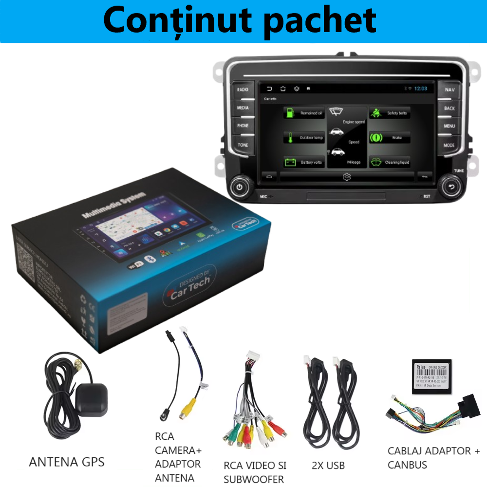 Navigatie Volkswagen|Skoda|Seat cu Android 14, CarPlay si Android Auto, dedicata Golf 5, Golf 6, Jetta, Passat B6, CC, B7, Polo, Tiguan, Touran, Skoda, Seat ecran 7 inch [2]