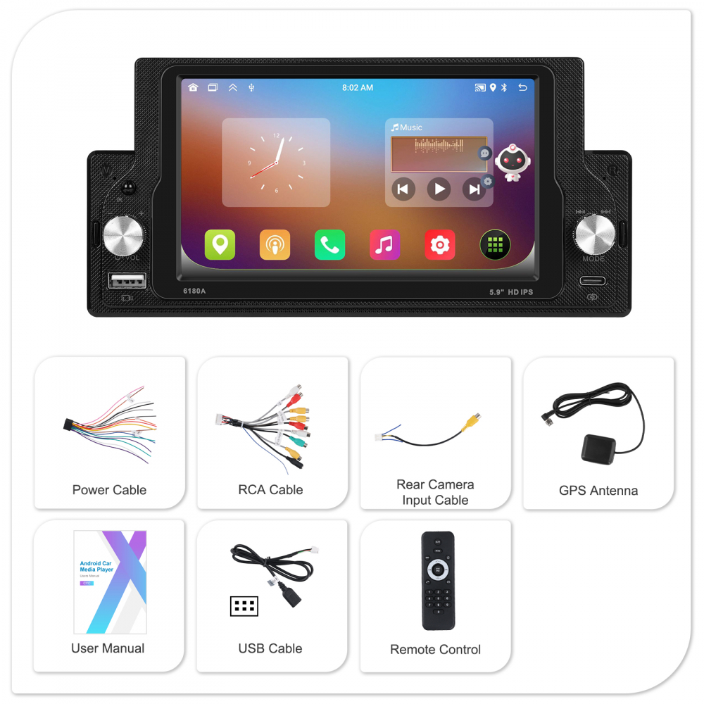 Navigație auto universală 1DIN Android 13, ecran 5.9” HD, 2+64GB, CarPlay & Android Auto, GPS, Bluetooth, USB, Wi-Fi [7]