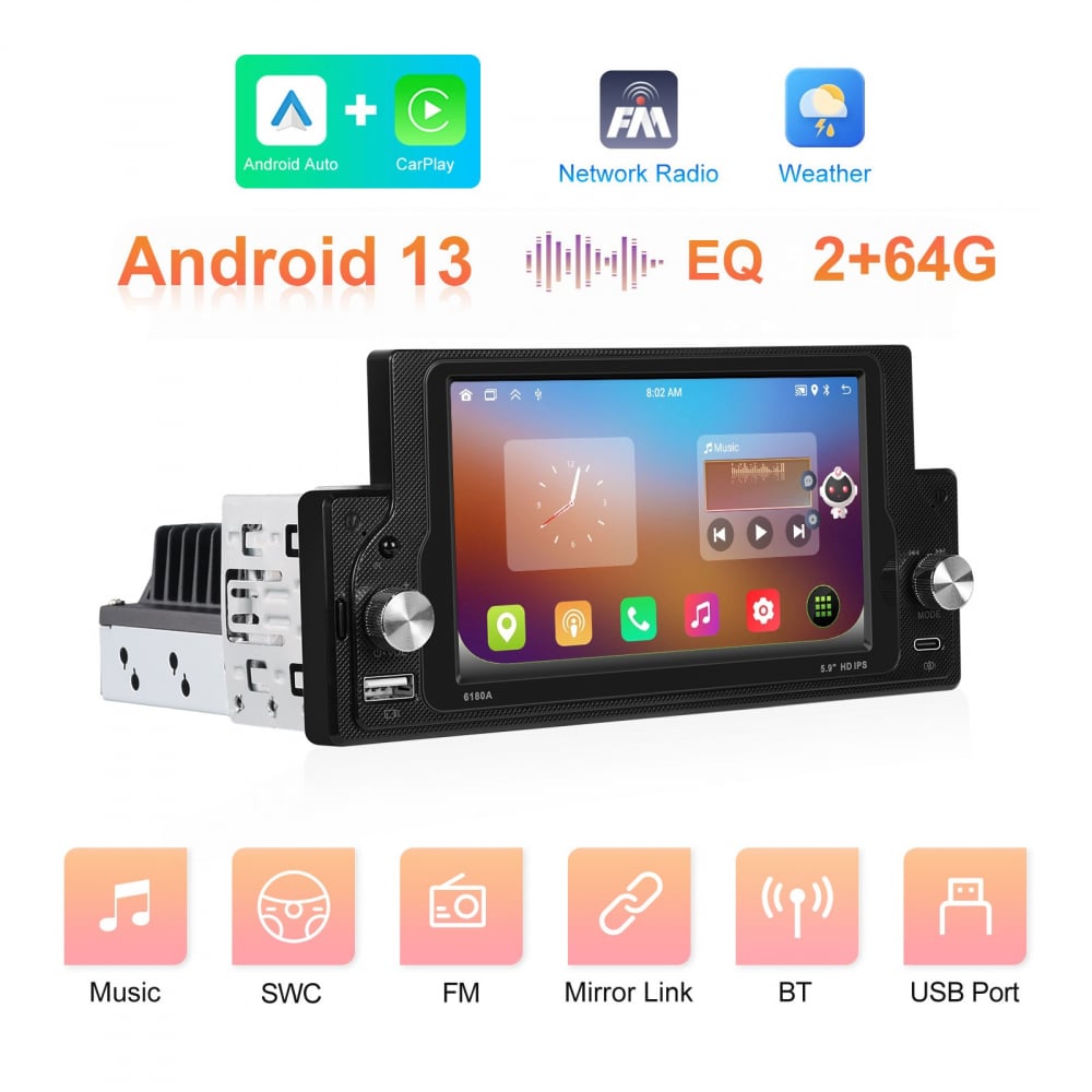 Navigație auto universală 1DIN Android 13, ecran 5.9” HD, 2+64GB, CarPlay & Android Auto, GPS, Bluetooth, USB, Wi-Fi [9]