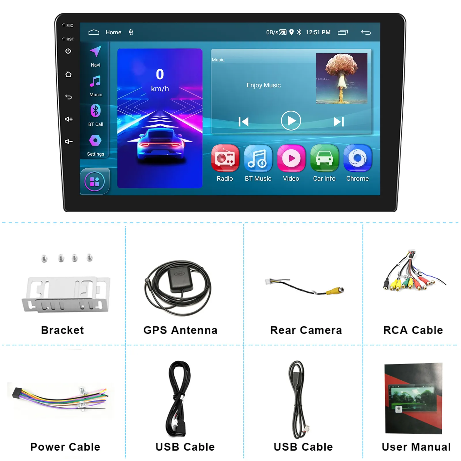 Navigatie auto universala, Tableta 10.1 inch, 2DIN, 2GB RAM, 64GB ROM, Android Auto Cablu, Carplay Wireless, GPS, Bluetooth 4.0, Radio FM, Touchscreen [5]