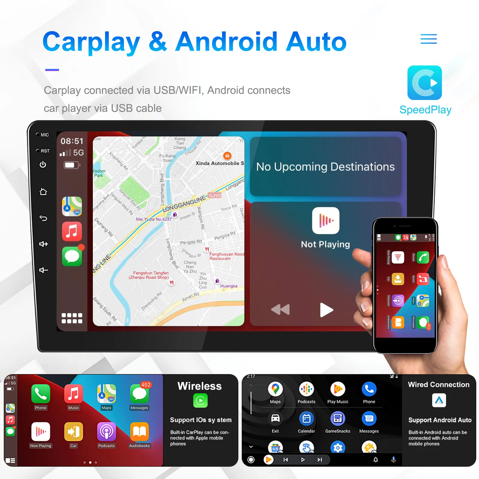 Navigatie auto universala, cu rama suport, 10.1 inch, 2DIN, 2GB RAM, 64GB ROM, Android Auto Cablu, Carplay Wireless, GPS, Bluetooth 4.0, Radio FM, Touchscreen [20]