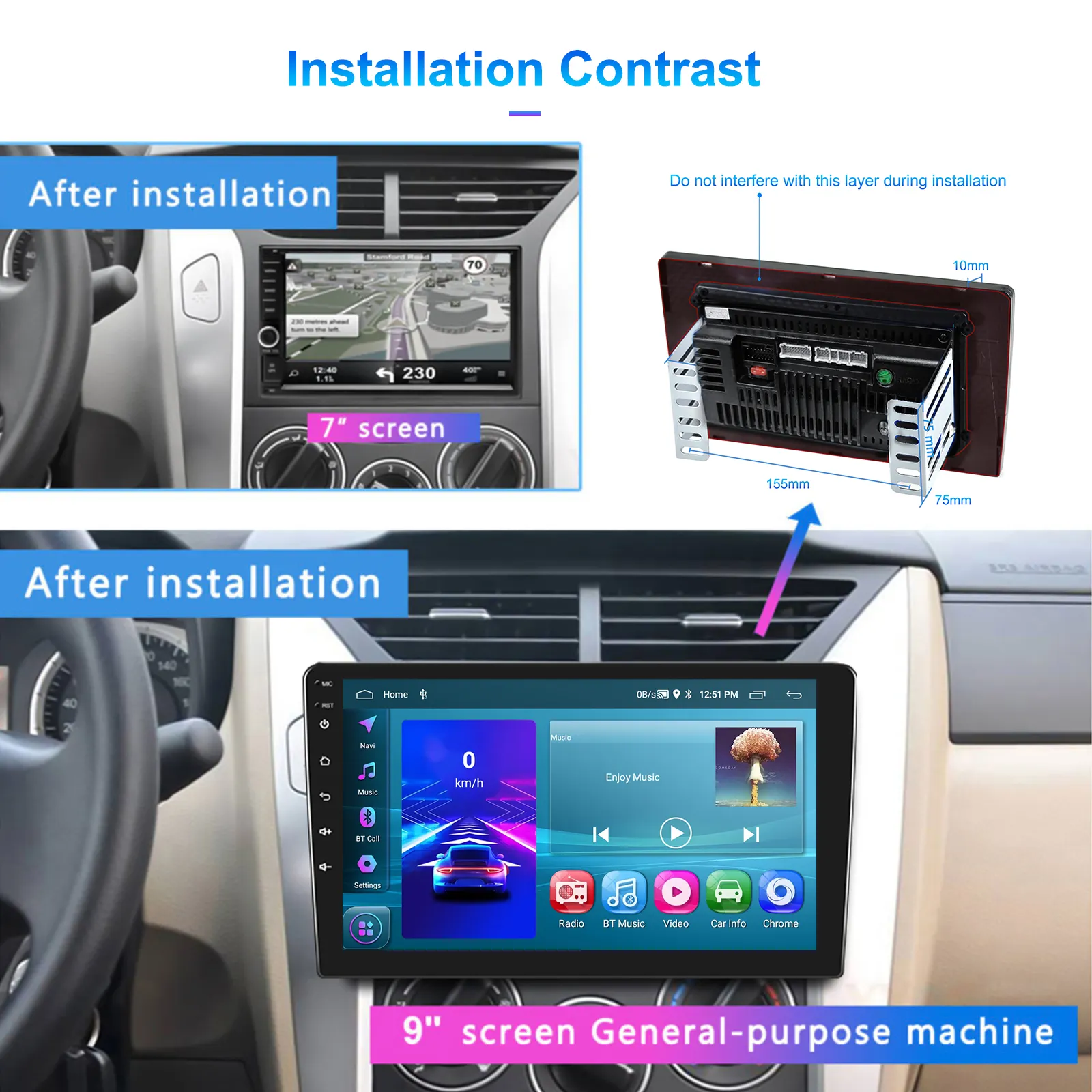Navigatie auto universala, cu rama suport, 10.1 inch, 2DIN, 2GB RAM, 64GB ROM, Android Auto Cablu, Carplay Wireless, GPS, Bluetooth 4.0, Radio FM, Touchscreen [19]