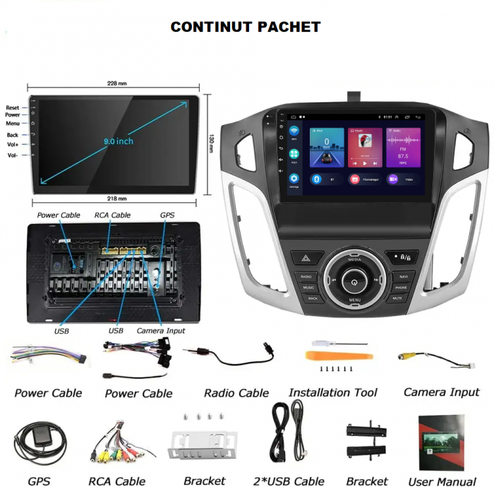 Navigatie Ford Focus (2012-2018) cu Android , 4 GB RAM 64 GB ROM, DSP, SIM 4G ecran 9 Inch,Carplay si Android Auto [3]