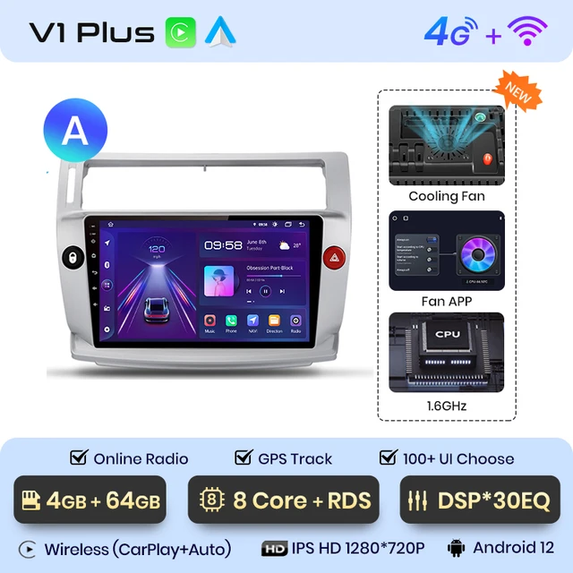 Navigatie Citroen C4 din (2004-2012) cu Android 12, 4GB RAM 64GB ROM, SIM 4G, DSP, ecran 9 Inch,Carplay si Android Auto [2]