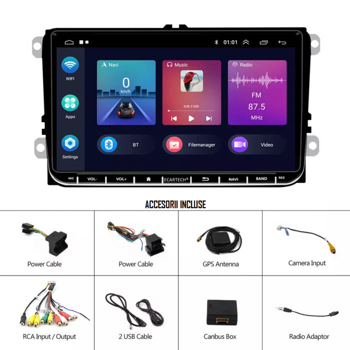 Navigatie Volkswagen, Skoda, Seat cu Android 12, 2GB RAM 32 GB ROM, CarPlay si Android Auto, Ecran de 9 Inch, dedicata Golf 5, Golf 6, Jetta, Passat B6, CC, B7, Polo, Tiguan, Touran, Skoda, Seat [11]