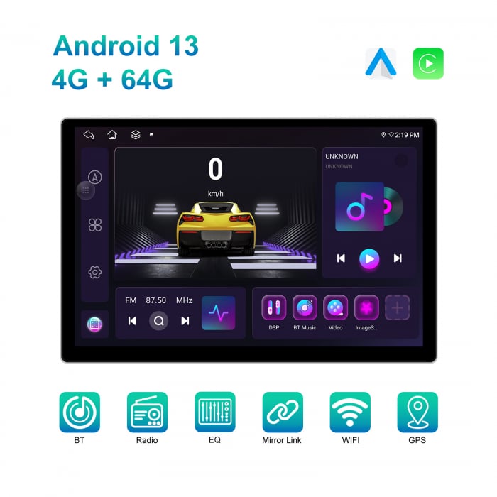 Navigație cu Android Universală, Ecran 13.1 Inch 2K QLED, Android 13, 4GB RAM, 64GB ROM, CarPlay & Android Auto, Slot SIM 4G, WiFi, Bluetooth, Radio FM/AM, GPS [10]