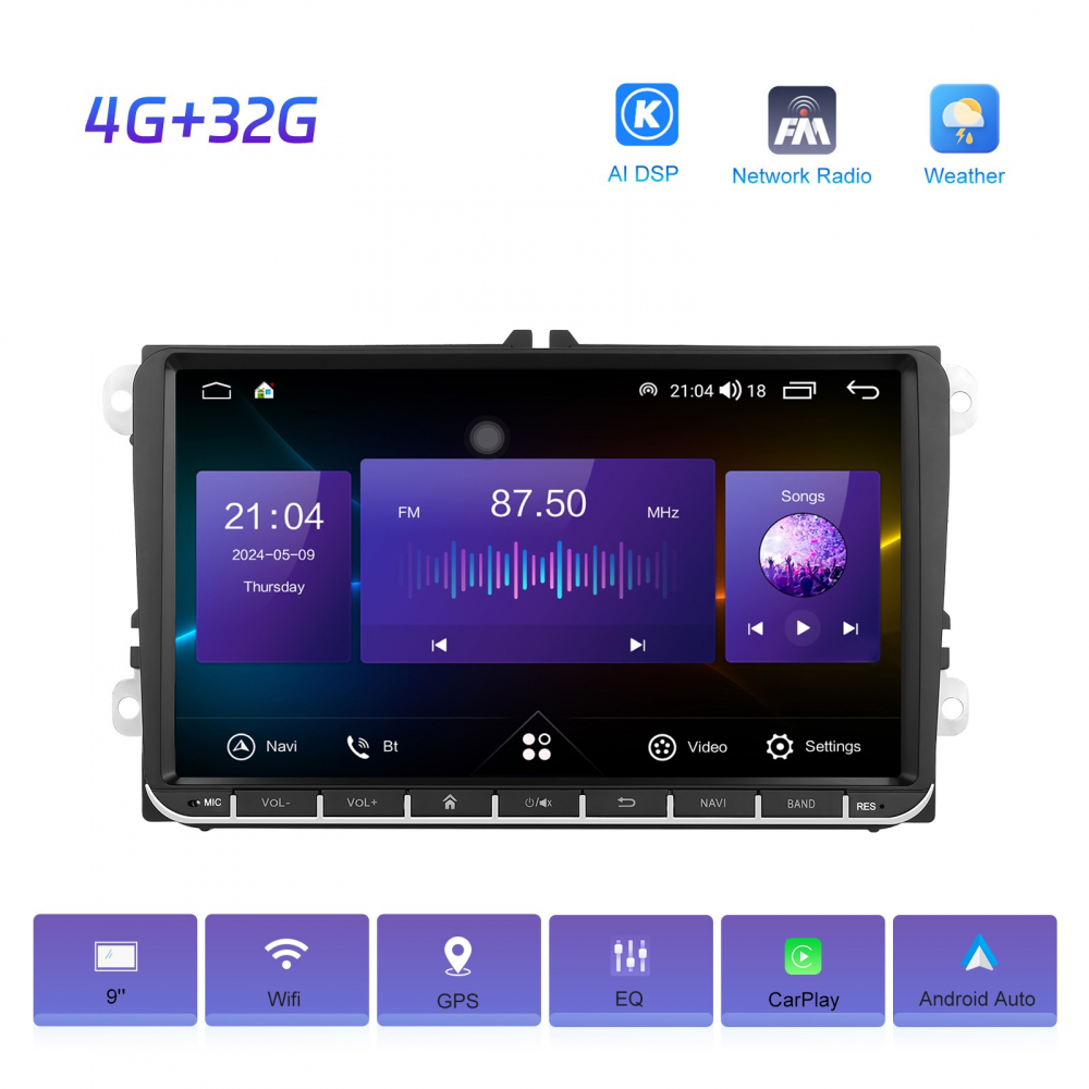 Navigatie dedicata Volkseagen, Skoda, Seat cu Android 4 GB RAM 32 GB ROM, Slot SIM 4G, DSP, CarPlay si Android Auto wi-fi, ecran de 9 inch [5]
