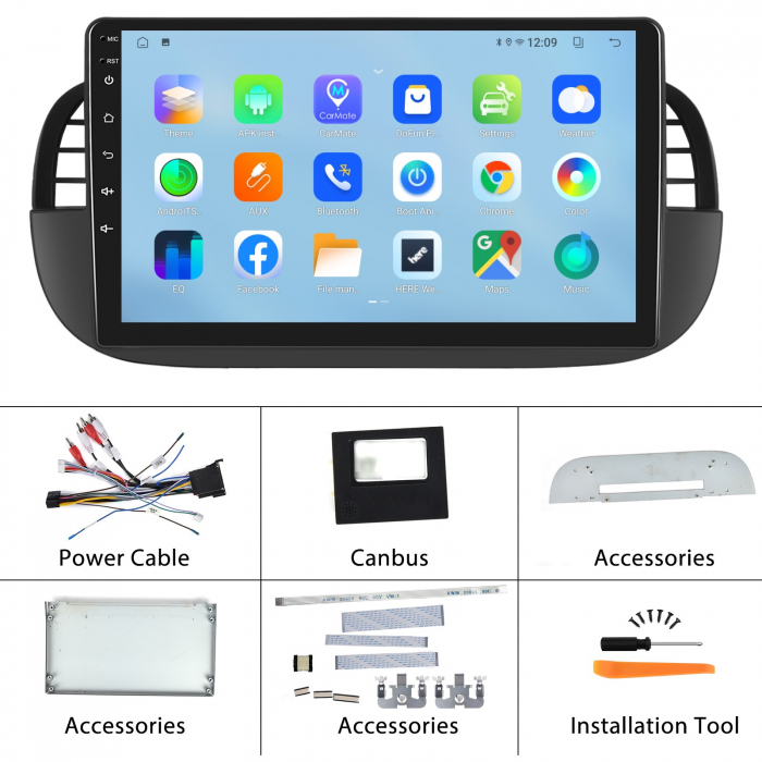 Navigatie FIAT 500 (2007-2015), Android 12, 4GB RAM 64GB, SLOT SIM 4G, DSP, Carplay si Android auto, ecran 9 inch [9]