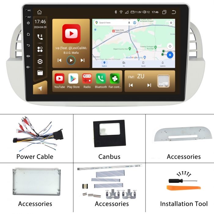 Navigatie FIAT 500 (2007-2015), Android 12, 2GB RAM 32GB, DSP, Carplay si Android auto, ecran 9 inch alb [9]