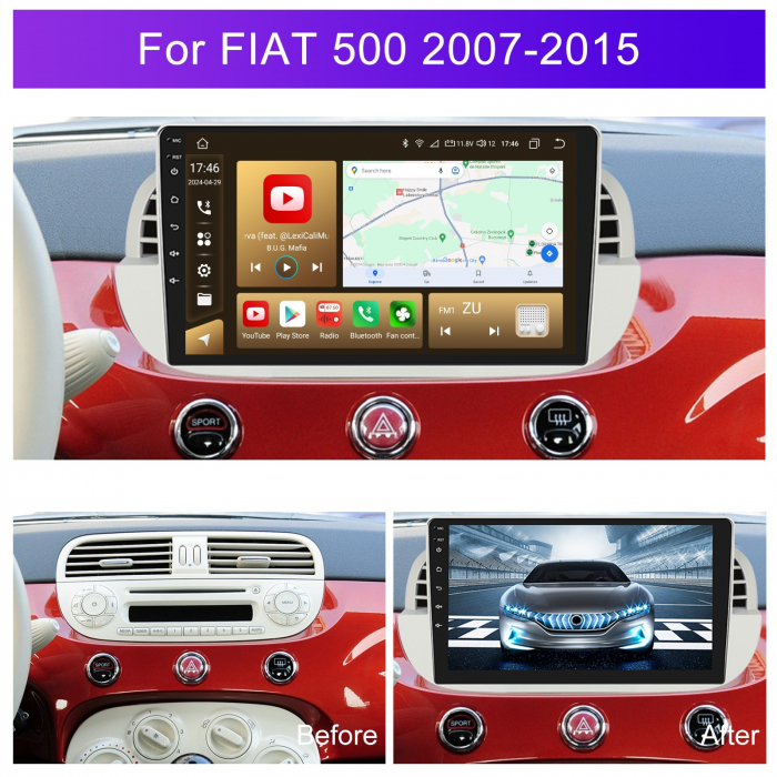 Navigatie FIAT 500 (2007-2015), Android 12, 2GB RAM 32GB, DSP, Carplay si Android auto, ecran 9 inch alb [3]