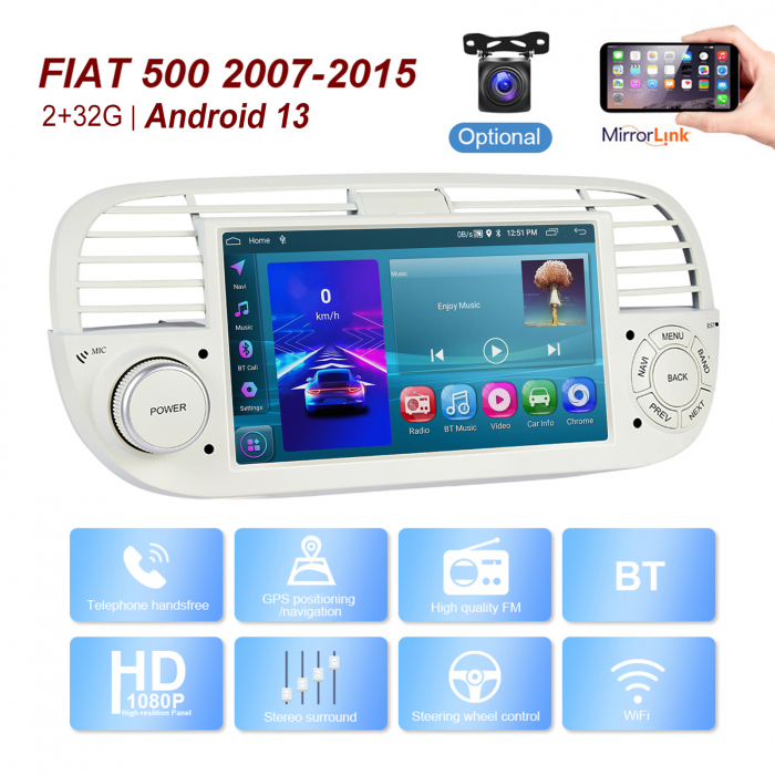 Navigatie Fiat 500 (2007-2015) cu Android 13, 2GB 64GB, Carplay și Android Auto Wi-fi, ecran 7 inch Rama Alba [3]