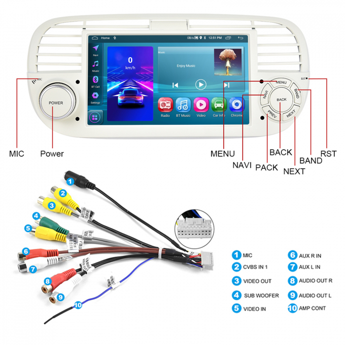 Navigatie Fiat 500 (2007-2015) cu Android 13, 2GB 64GB, Carplay și Android Auto Wi-fi, ecran 7 inch Rama Alba [6]