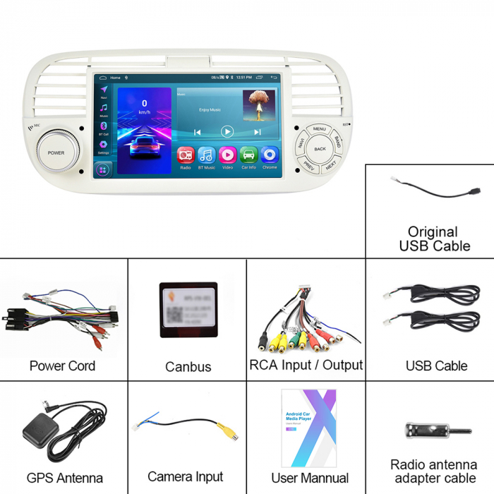 Navigatie Fiat 500 (2007-2015) cu Android 13, 2GB 64GB, Carplay și Android Auto Wi-fi, ecran 7 inch Rama Alba [15]