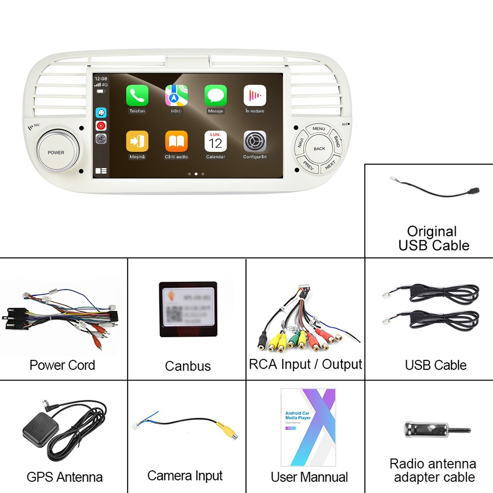 Navigatie Fiat 500 (2007-2015) cu Android 12, 2GB 32GB,SLOT SIM 4G, Carplay și Android Auto Wi-fi, ecran 7 inch Rama Alba [9]
