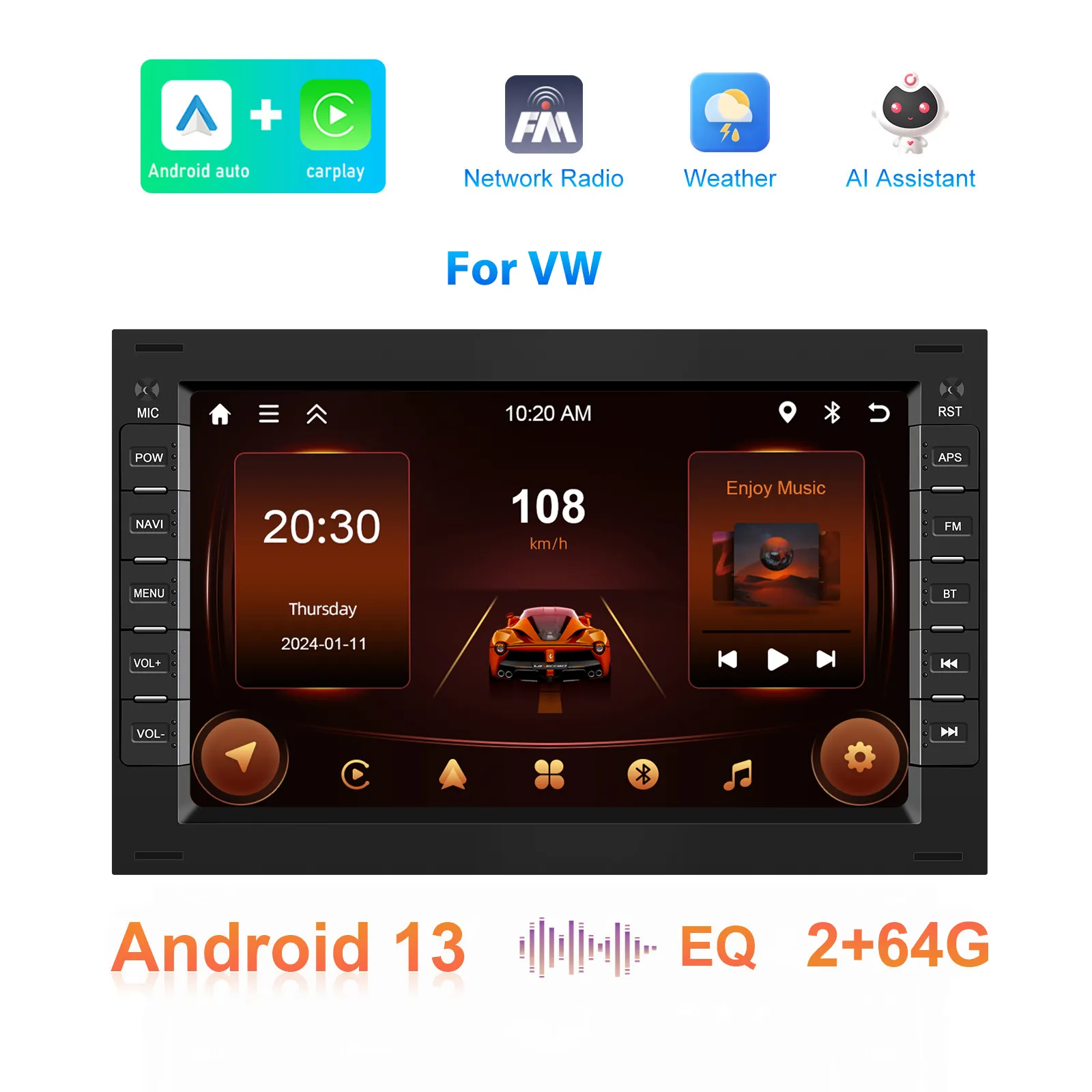 Navigatie Golf 4,PassatB5.5,Polo,Jetta, 2GB RAM 64GB ROM, Android 13, CarPlay si Android Auto, Bluetooth,wi-fi, waze,ecran 7 inch [4]