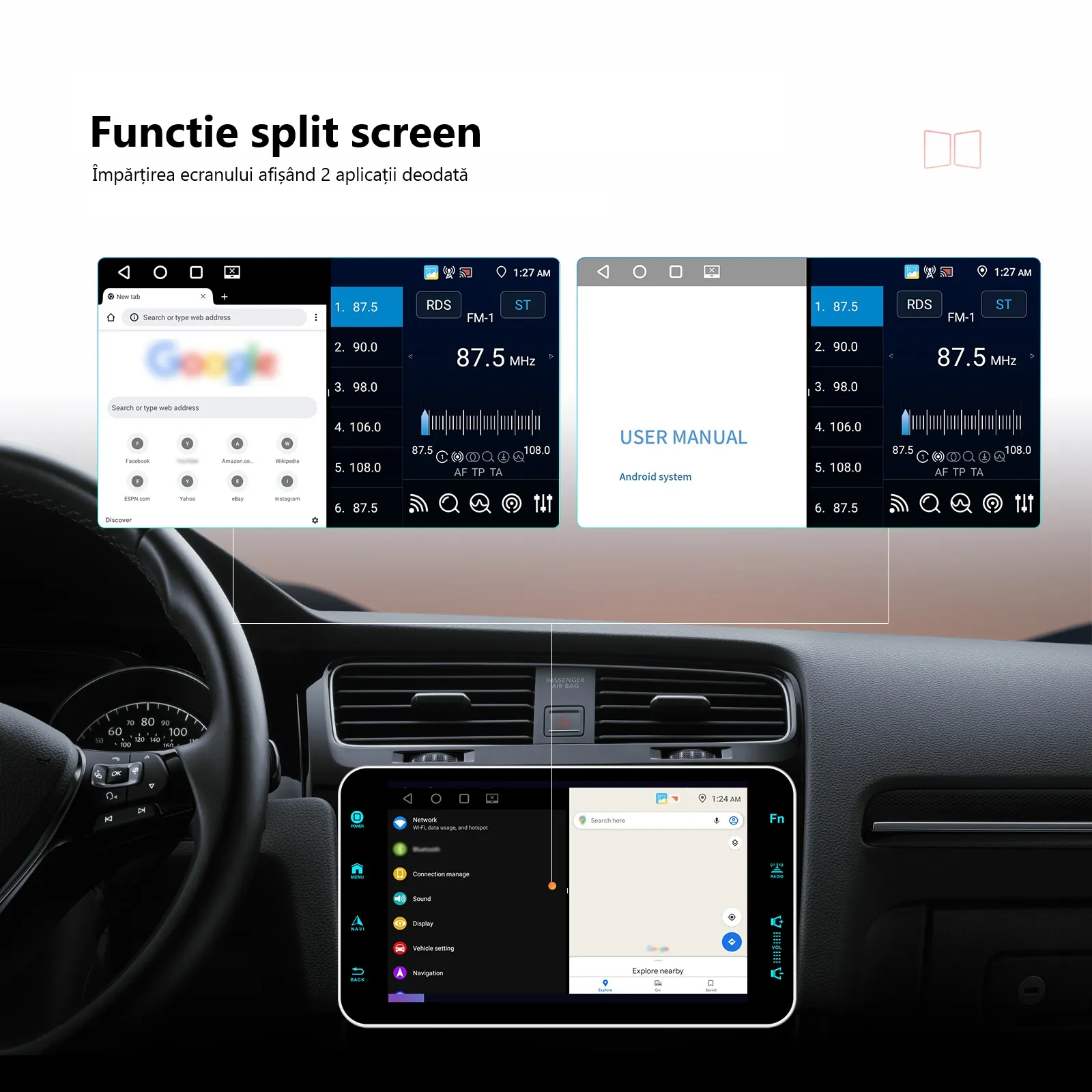 Navigație GPS 1DIN Universală 9" - 4GB RAM + 64GB ROM, Wireless CarPlay/Android Auto, GPS/DSP/WiFi/AM/FM/RDS [3]