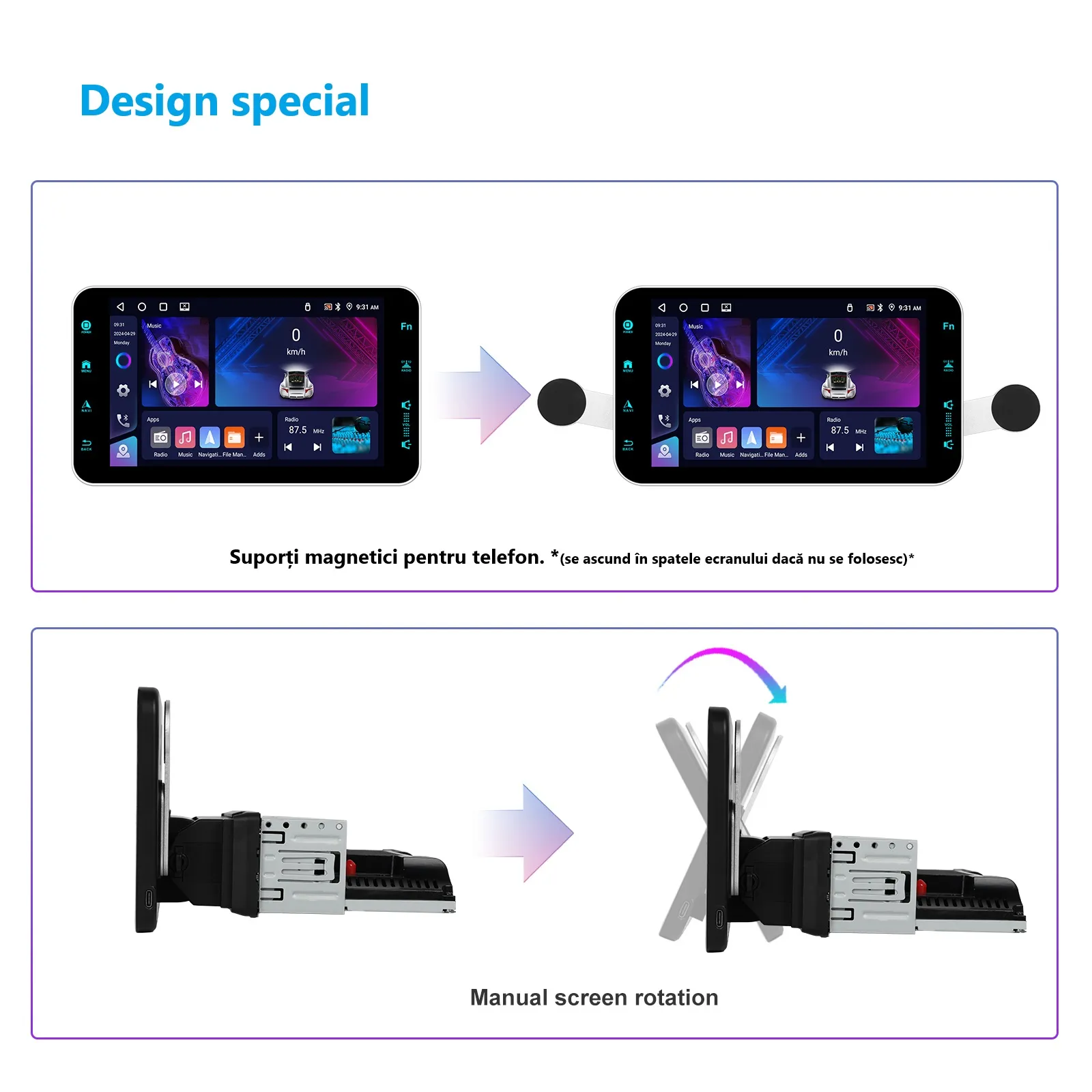 Navigație GPS 1DIN Universală 9" - 4GB RAM + 64GB ROM, Wireless CarPlay/Android Auto, GPS/DSP/WiFi/AM/FM/RDS [11]