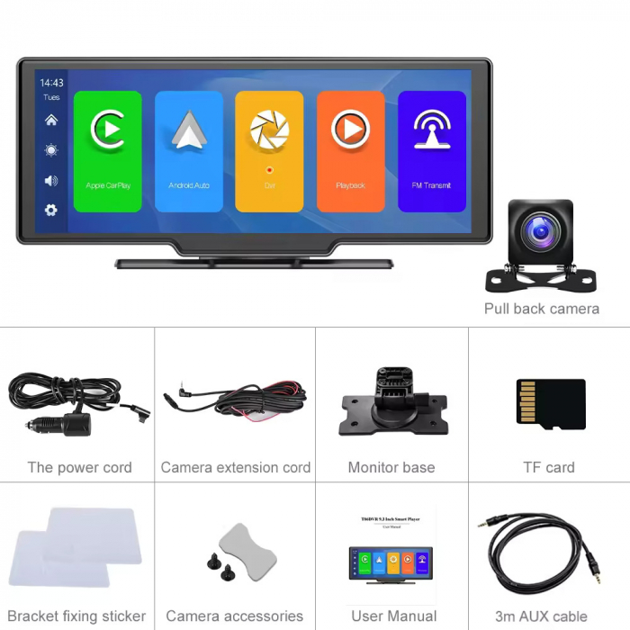Navigatie GPS Portabil, Universal, CarPlay si Android Auto WI-FI, Camera fata si spate, card memorie SD 64GB, ecran tactil HD 9.3 inch [16]