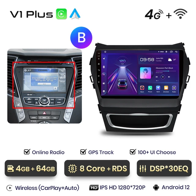 Navigatie Hyundai Santa Fe 3 IX45 (2013-2016) cu Android 12 ecran 9 Inch, 4GB RAM 64 GB ROM,DSP, Carplay si Android Auto [2]