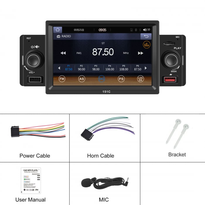 Navigatie MP5 Player Auto 1DIN Universal, CarPlay si Android Auto, Bluetooth, 2X USB frontal si Slot Card Micro SD, RCA Subwoofer, ecran 7 Inch [4]