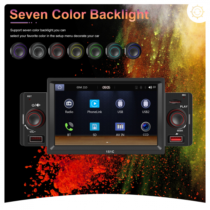 Navigatie MP5 Player Auto 1DIN Universal, CarPlay si Android Auto, Bluetooth, 2X USB frontal si Slot Card Micro SD, RCA Subwoofer, ecran 7 Inch [7]