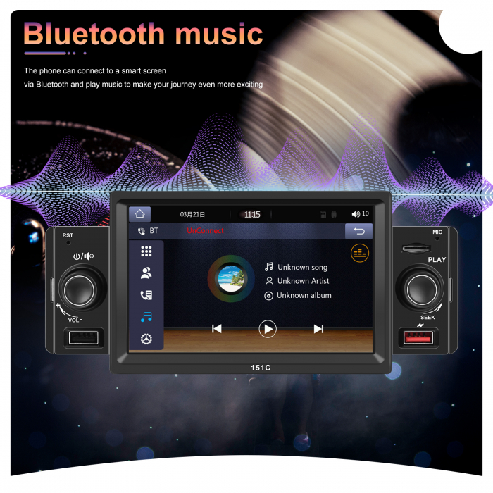 Navigatie MP5 Player Auto 1DIN Universal, CarPlay si Android Auto, Bluetooth, 2X USB frontal si Slot Card Micro SD, RCA Subwoofer, ecran 7 Inch [8]