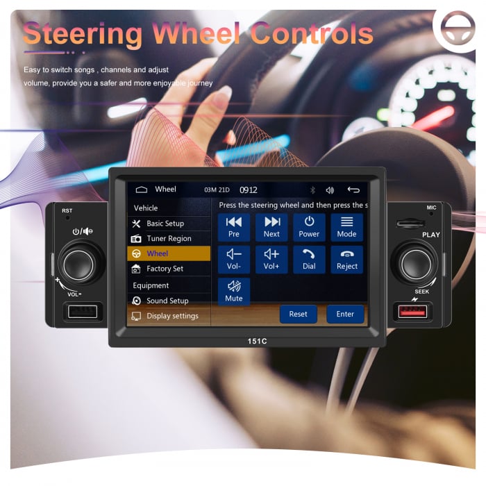 Navigatie MP5 Player Auto 1DIN Universal, CarPlay si Android Auto, Bluetooth, 2X USB frontal si Slot Card Micro SD, RCA Subwoofer, ecran 7 Inch [5]