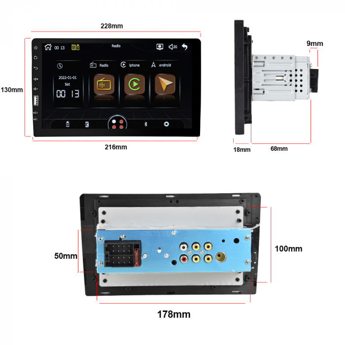 Navigatie MP5 Player Auto 1DIN Universal, CarPlay si Android Auto, Bluetooth, USB frontal, RCA Subwoofer, ecran 9 Inch [3]