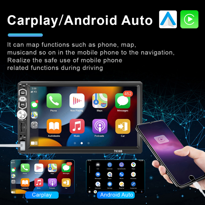 Navigatie MP5 Player Auto 1DIN Universal, CarPlay si Android Auto, Bluetooth, USB frontal, RCA Subwoofer, ecran 7 Inch [3]