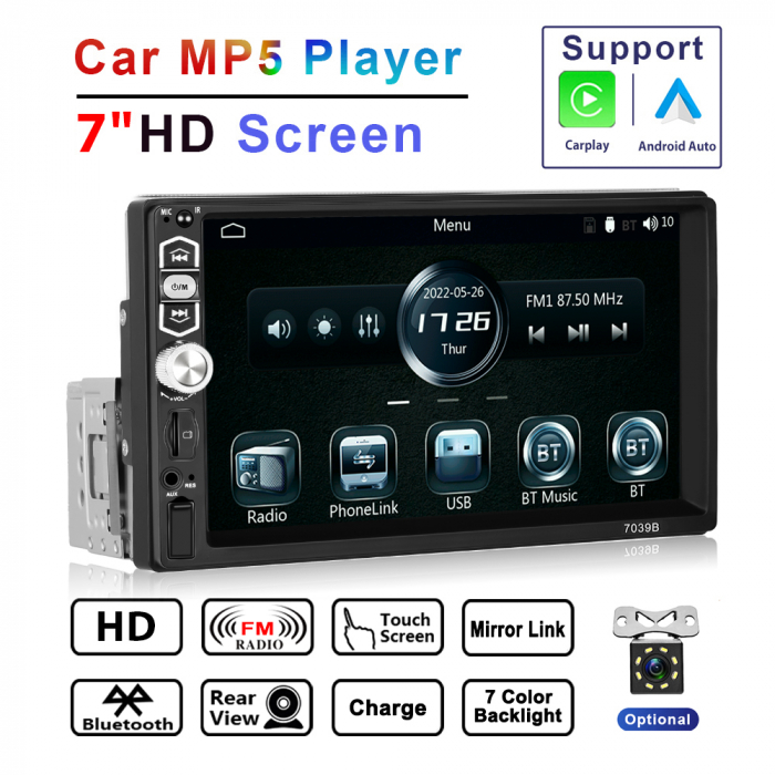 Navigatie MP5 Player Auto 1DIN Universal, CarPlay si Android Auto, Bluetooth, USB frontal, RCA Subwoofer, ecran 7 Inch [12]