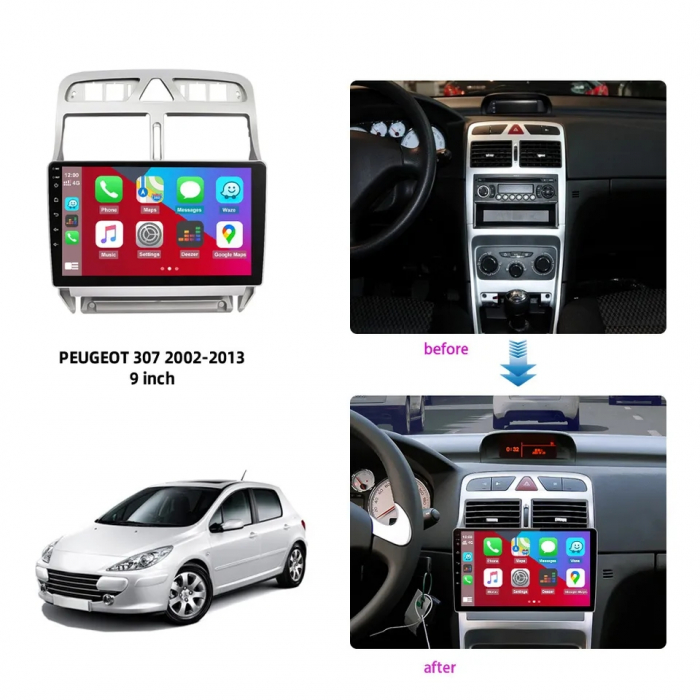 Navigatie Peugeot 307 (2002-2013),Android 12 4GB RAM 64GB, SIM 4G, Carplay si Android Auto ecran 9 inch [2]