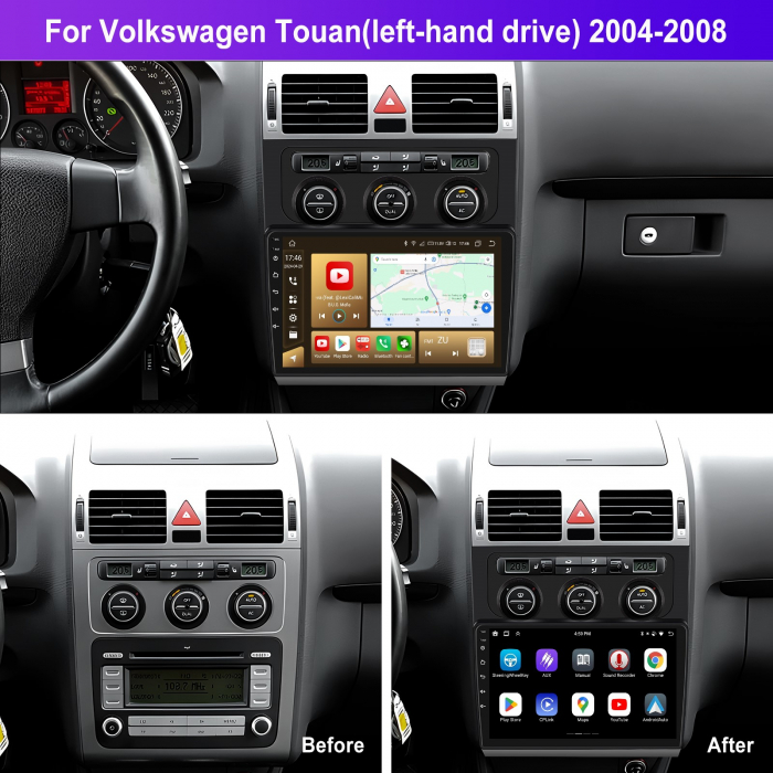 Navigatie Touran 1 (2003-2010) cu Android 12, 8GB RAM 128GB ROM, SLOT SIM 4G, DSP, CarPlay si Android Auto Wi-fi, Youtube, Waze, ecran HD 10.1 Inch Rama Neagra [2]