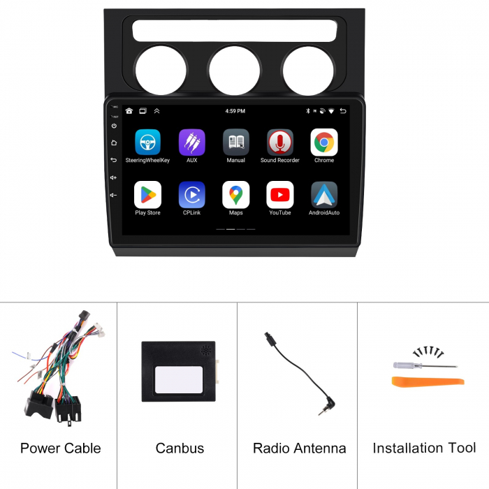 Navigatie Touran 1 (2003-2010) cu Android 12, 8GB RAM 128GB ROM, SLOT SIM 4G, DSP, CarPlay si Android Auto Wi-fi, Youtube, Waze, ecran HD 10.1 Inch Rama Neagra [11]