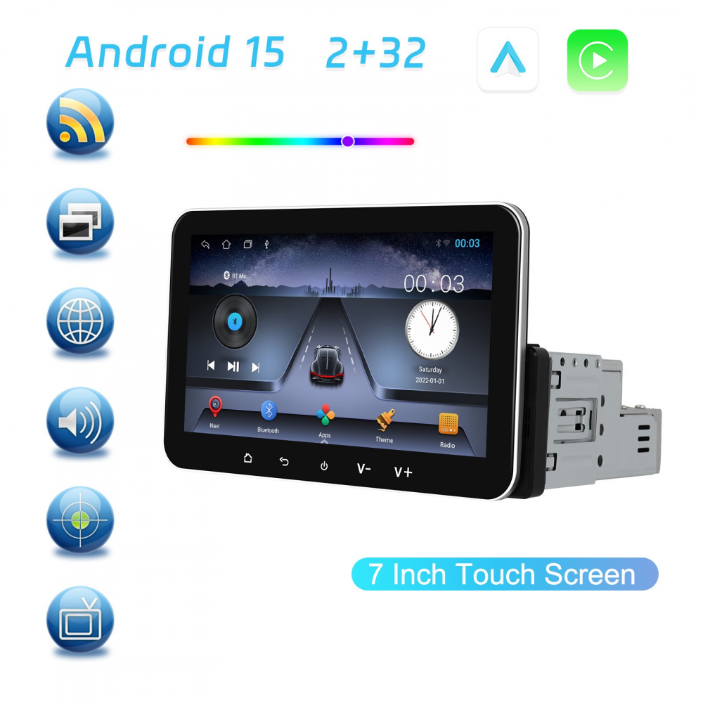 Navigatie Universala 1DIN, 2+32GB, Android 15, CarPlay si Android Auto, Topway, USB, Bluetooth ecran 7 inch negru [4]