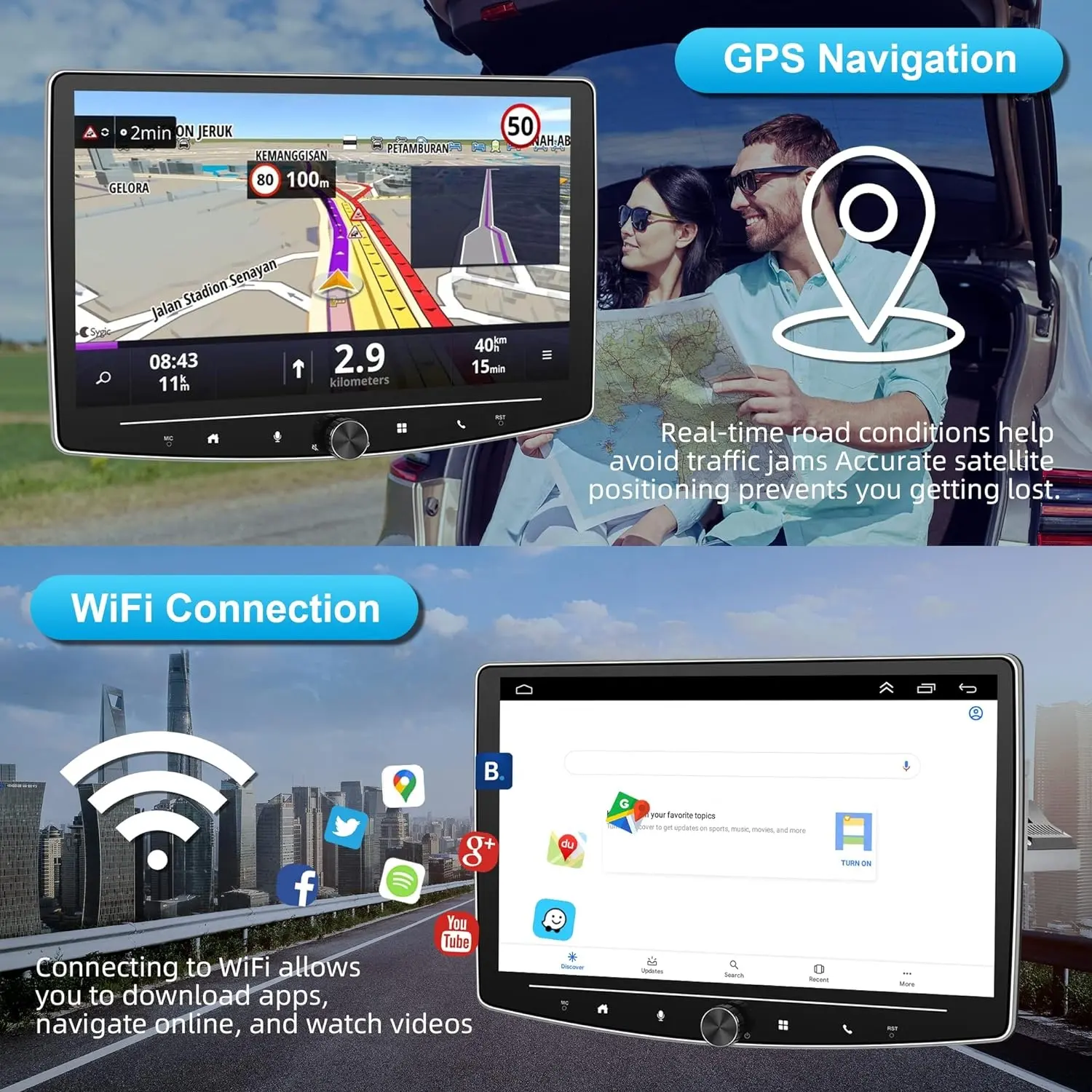 Navigatie universala 1DIN, 2GB 64GB, CarPlay si Android Auto wi-fi, Bluetooth, USB, Waze, Youtube, ecran rotativ 180°, 10.1 Inch [6]