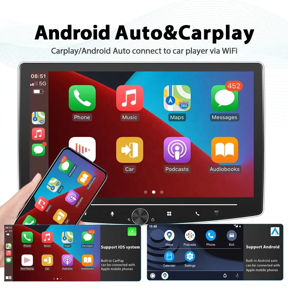 Navigatie universala 1DIN, 2GB 64GB, CarPlay si Android Auto wi-fi, Bluetooth, USB, Waze, Youtube, ecran rotativ 180°, 10.1 Inch [2]