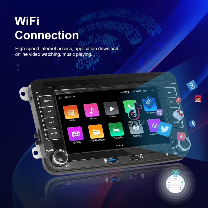 Navigatie Volkswagen|Skoda|Seat cu Android 10, Ecran de 7 Inch, 7 culori, 2x USB Frontal, dedicata Golf 5, Golf 6, Jetta, Passat B6, CC, B7, Polo, Tiguan, Touran, Skoda, Seat [9]
