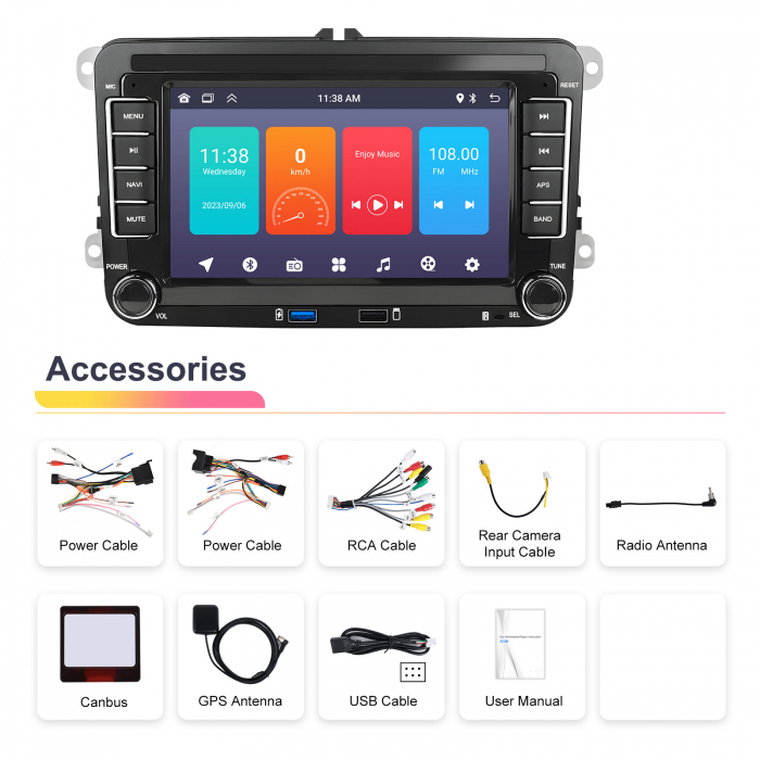 Navigatie Volkswagen|Skoda|Seat cu Android 10, Ecran de 7 Inch, 7 culori, 2x USB Frontal, dedicata Golf 5, Golf 6, Jetta, Passat B6, CC, B7, Polo, Tiguan, Touran, Skoda, Seat [11]