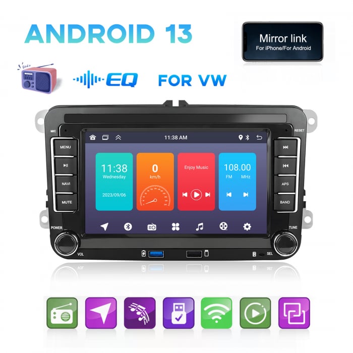 Navigatie Volkswagen|Skoda|Seat cu Android 10, Ecran de 7 Inch, 7 culori, 2x USB Frontal, dedicata Golf 5, Golf 6, Jetta, Passat B6, CC, B7, Polo, Tiguan, Touran, Skoda, Seat [4]