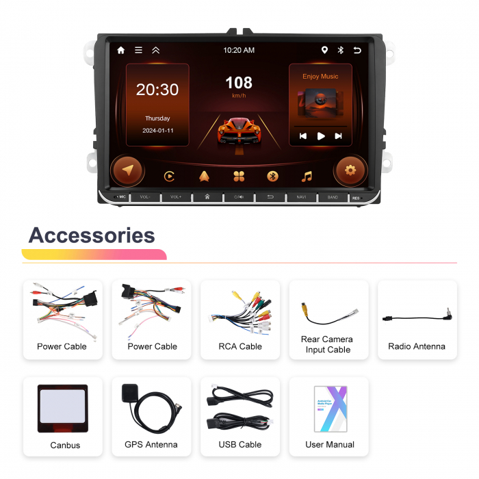 Navigatie Volkswagen|Skoda|Seat cu Android 13, 2GB RAM 64GB ROM, CarPlay si Android Auto, Ecran de 9 Inch, dedicata Golf 5, Golf 6, Jetta, Passat B6, CC, B7, Polo, Tiguan, Touran, Skoda, Seat [12]