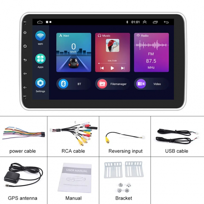 Navigatie Universala 1DIN, Android 12, 2GB 64GB, ecran rotativ 180°, Carplay si Android Auto Wi-fi, ecran 10.1 inch [15]