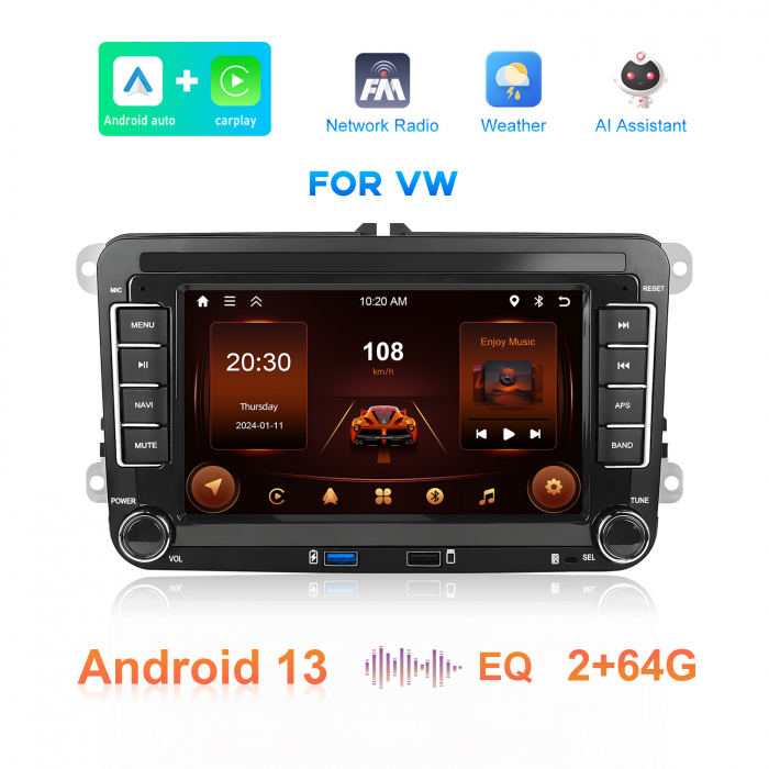 Navigatie Volkswagen|Skoda|Seat cu Android 13, 2+64 GB, RDS, CarPlay si Android Auto, dedicata Golf 5, Golf 6, Jetta, Passat B6, CC, B7, Polo, Tiguan, Touran, Skoda, Seat ecran 7 inch [2]