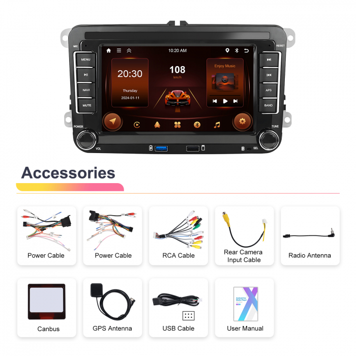 Navigatie Volkswagen|Skoda|Seat cu Android 13, 2+64 GB, RDS, CarPlay si Android Auto, dedicata Golf 5, Golf 6, Jetta, Passat B6, CC, B7, Polo, Tiguan, Touran, Skoda, Seat ecran 7 inch [13]