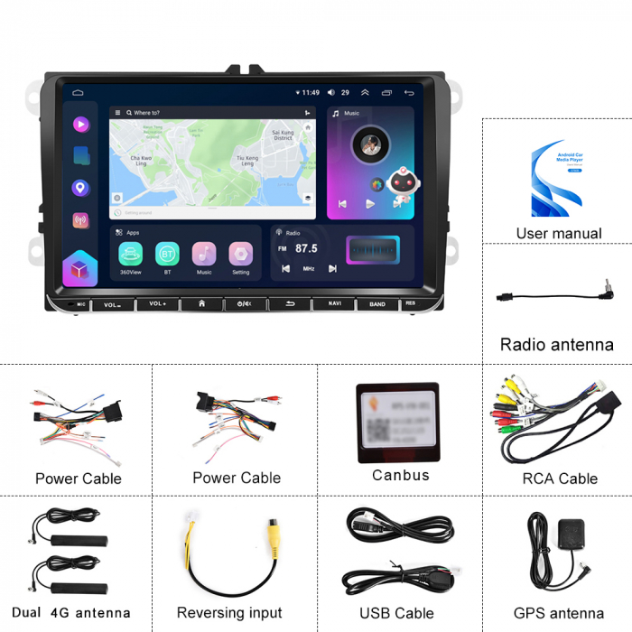 Navigatie Volkswagen|Skoda|Seat cu Android 13, 8GB 128G, SLOT SIM 4G, CarPlay si Android Auto, dedicata Golf 5, Golf 6, Jetta, Passat B6, CC, B7, Polo, Tiguan, Touran, Skoda, Seat ecran QLED 9 inch [18]