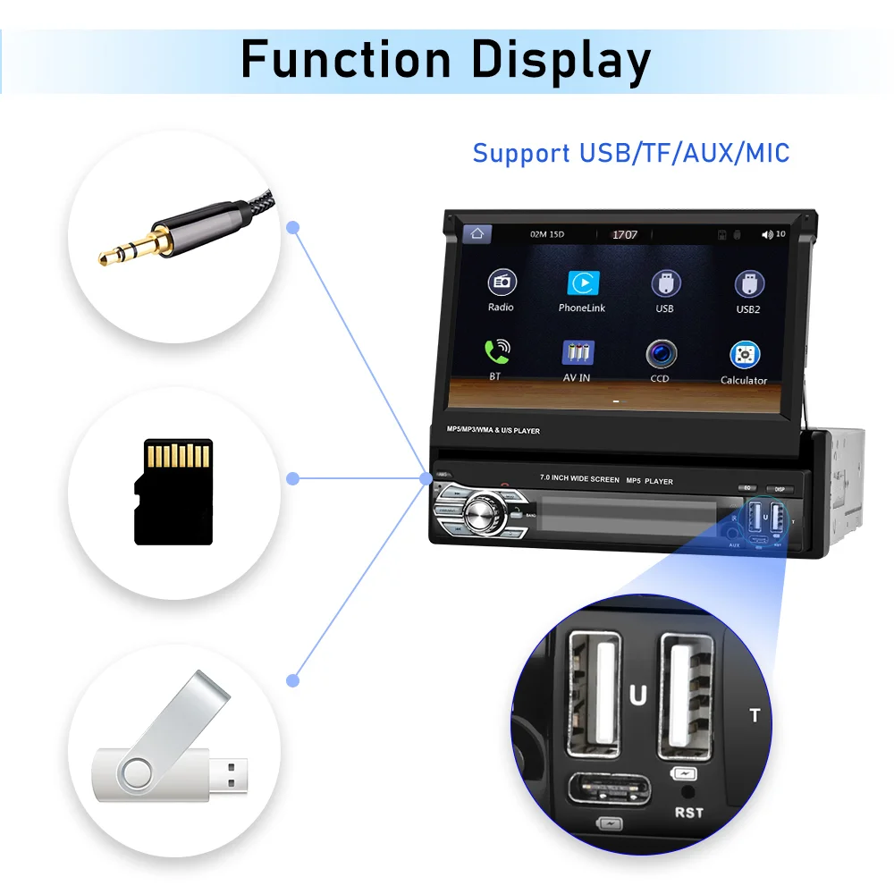 Player Auto 1DIN, MP5 cu Ecran Extractabil, Carplay și Android Auto WiFi, Bluetooth, USB [6]